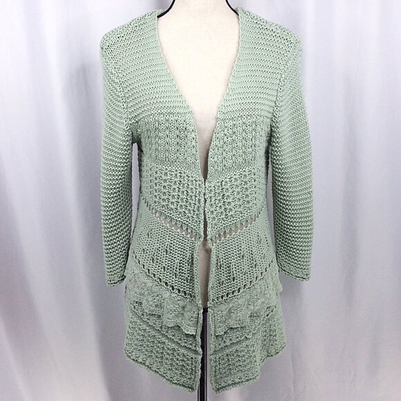 BKE Open Cardigan Sweater Womens Large Sage Green Crochet Lace The Buckle - Picture 1 of 9
